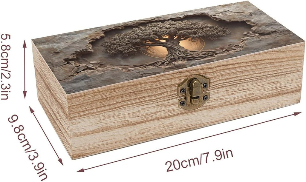 Tree of Life Rustic Wooden Jewelry Box with Hinged Lid - Vintage Natural Wood Keepsake Trinket Storage Organizer Gift