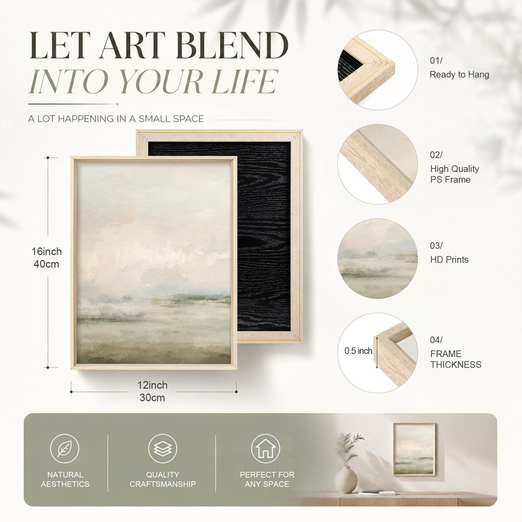 Abstract Beige Green Landscape Framed Canvas Wall Art Set- 12"x16"x3