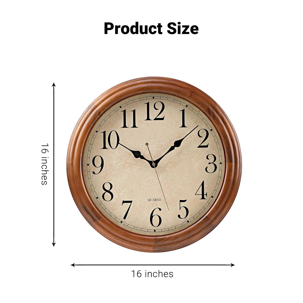 16 Inches Wooden Wall Clock with Retro Design, Large Round Wood Wall Clock with Big Arabic Numerals, Battery Operated