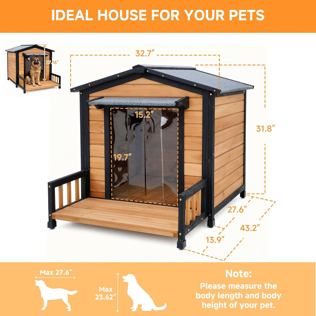 Large Dog House Outdoor, Wood Weatherproof Shelter with Elevated Floor