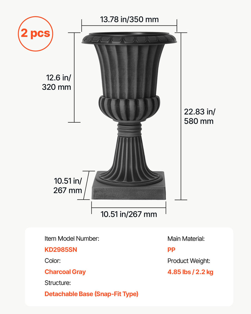 Plastic Urn Planters 13.78"x22.83" 2 PCS Gray Classic Urn Flower Pot