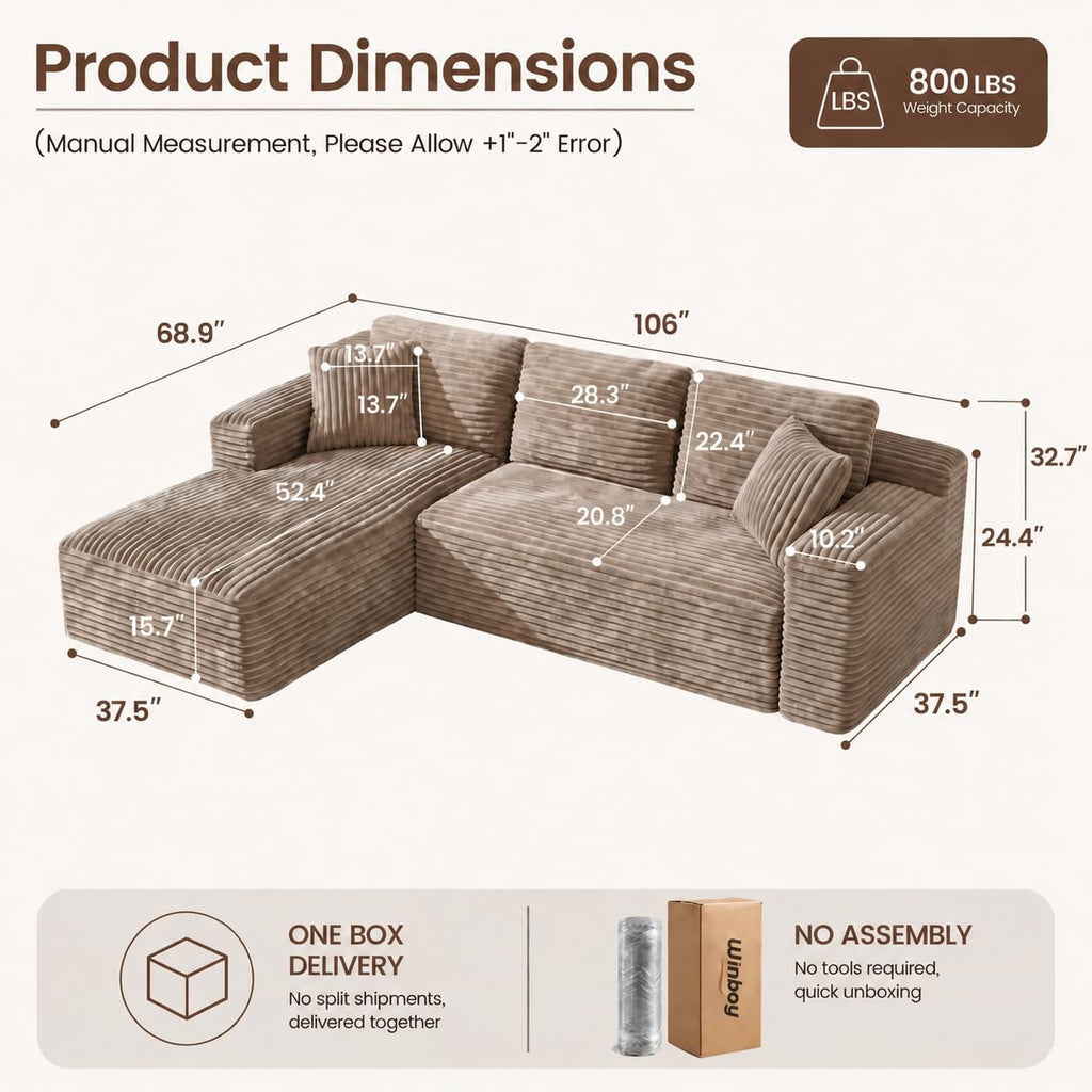 Shape Sectional Couches, 3 Seater Sectional Sofas Bedroom, Boneless Couch Sofa (Camel, Left Facing Chiase, 106 inch)