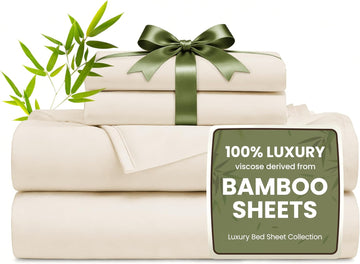 4 Piece Sheet Set, 100% Rayon Derived from Bamboo, Cooling & Breathable, Soft Silky Deep Pocket up to 16"