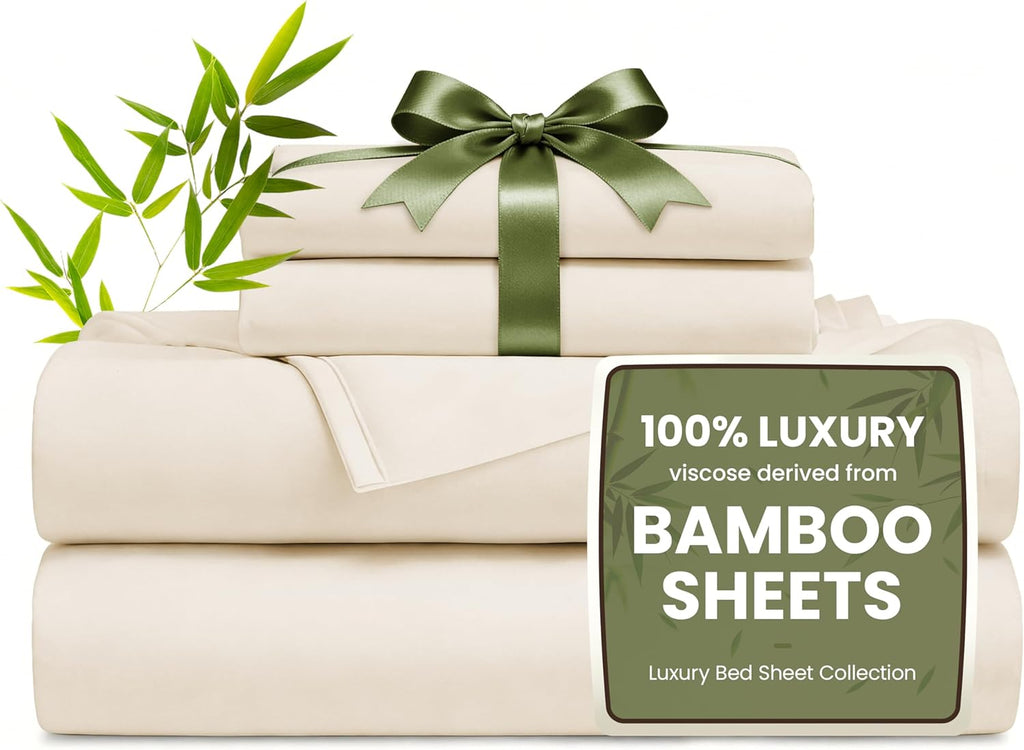 4 Piece King Sheet Set, 100% Rayon Derived from Bamboo, Cooling & Breathable, Soft Silky Deep Pocket up to 16", Hotel