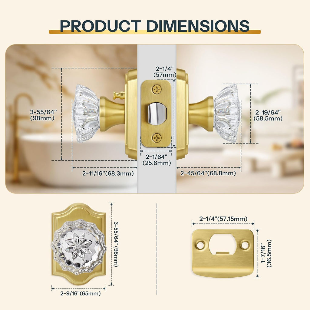 Brushed Gold Privacy Crystal Door Knob, Gold Vintage Crystal Door Knob with Privacy Lock, Glass Doorknob Interior