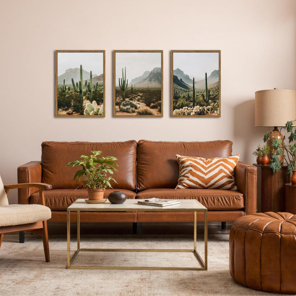 Framed Desert Landscape Wall Art Set of 3, Vintage Southwestern Cactus Wall Decor Paintings, Mexican Mountain