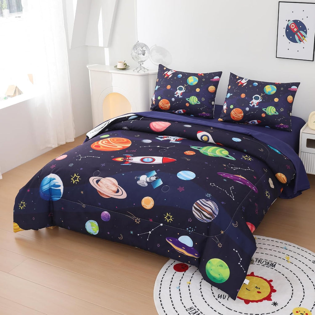Boys Full Bedding Set Space Bedding - 5 Piece Comforter Set Full, Rocket and Planet Galaxy Comforter for All-Season