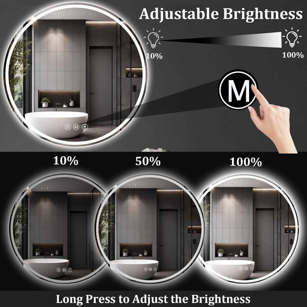 Round LED Bathroom Mirror, 36 Inch, HD Shatterproof Tempered Glass