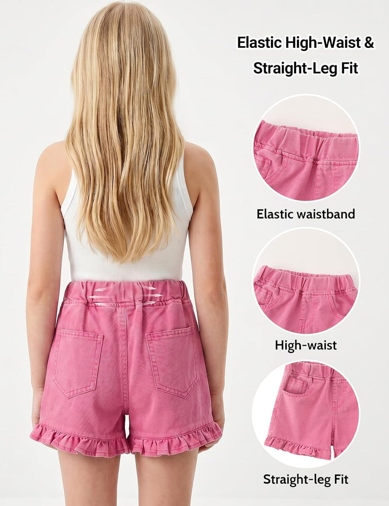 Girls Ruffle Denim Shorts Elastic High Waisted Summer Cotton Short Jeans with Pockets