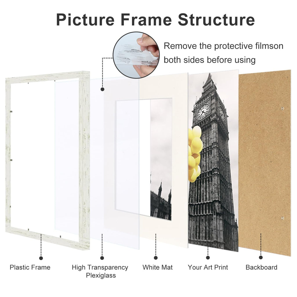 12x16 Picture Frame with Mat Distressed White, Country Rustic Style Photo Frame Set of 6 with Removable 8.5 x 11 Mat