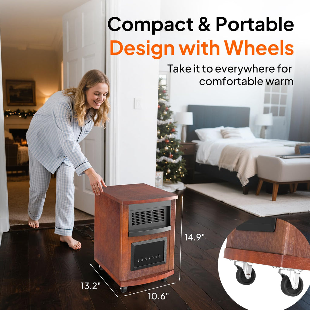 Electric Space Heater with Remote Control, 1500W Portable Quartz Infrared Heaters with Wheels, 12H Timer, Tip-Over &