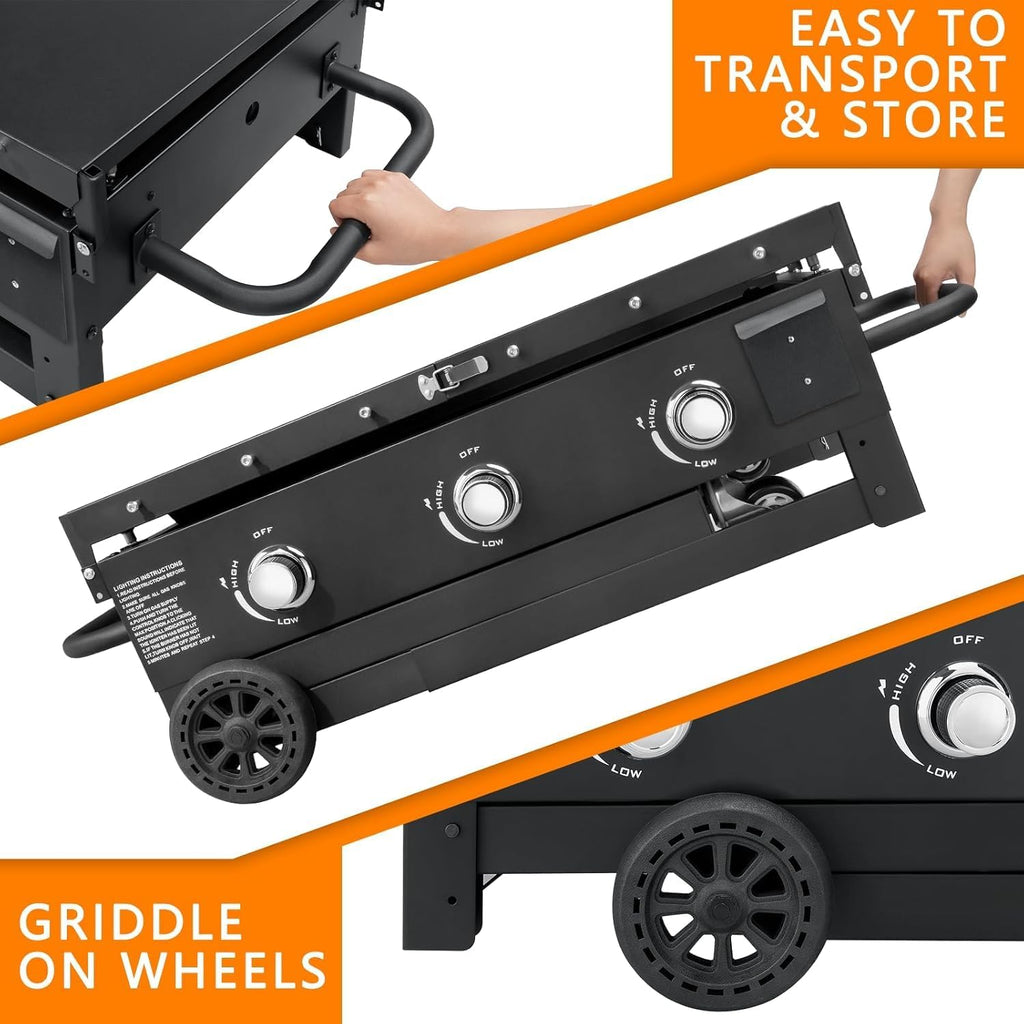 3-Burner Propane Gas Griddle, 31.5-Inch Portable Flat Top Grill, 45,000 BTU Tabletop Foldable Griddle with Side Shelves