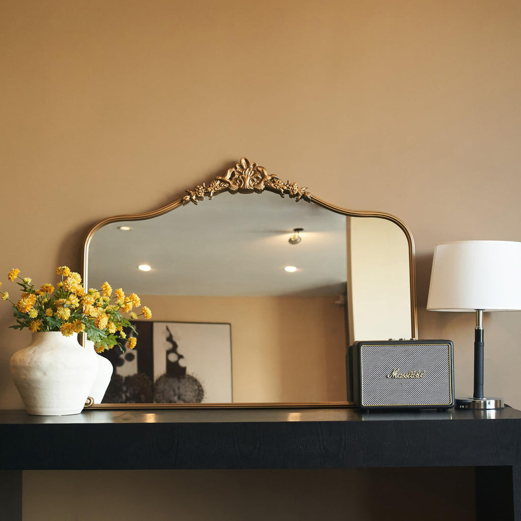 Vintage Gold Wall Mirror 36x30 Inch, Baroque Design, Ornate Arched Frame