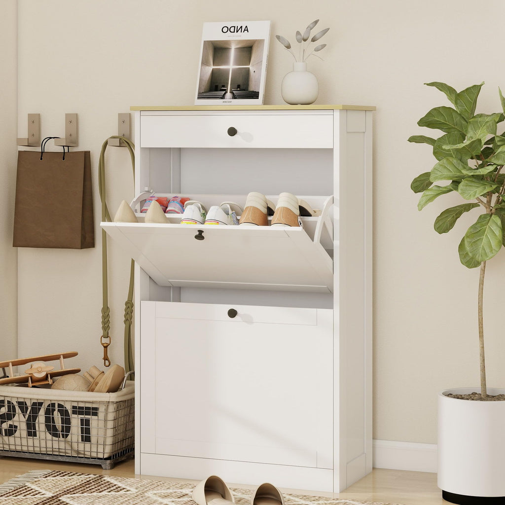 Shoe Storage Entryway with 2 Flip Drawers, Narrow Wooden Shoe Cabinet