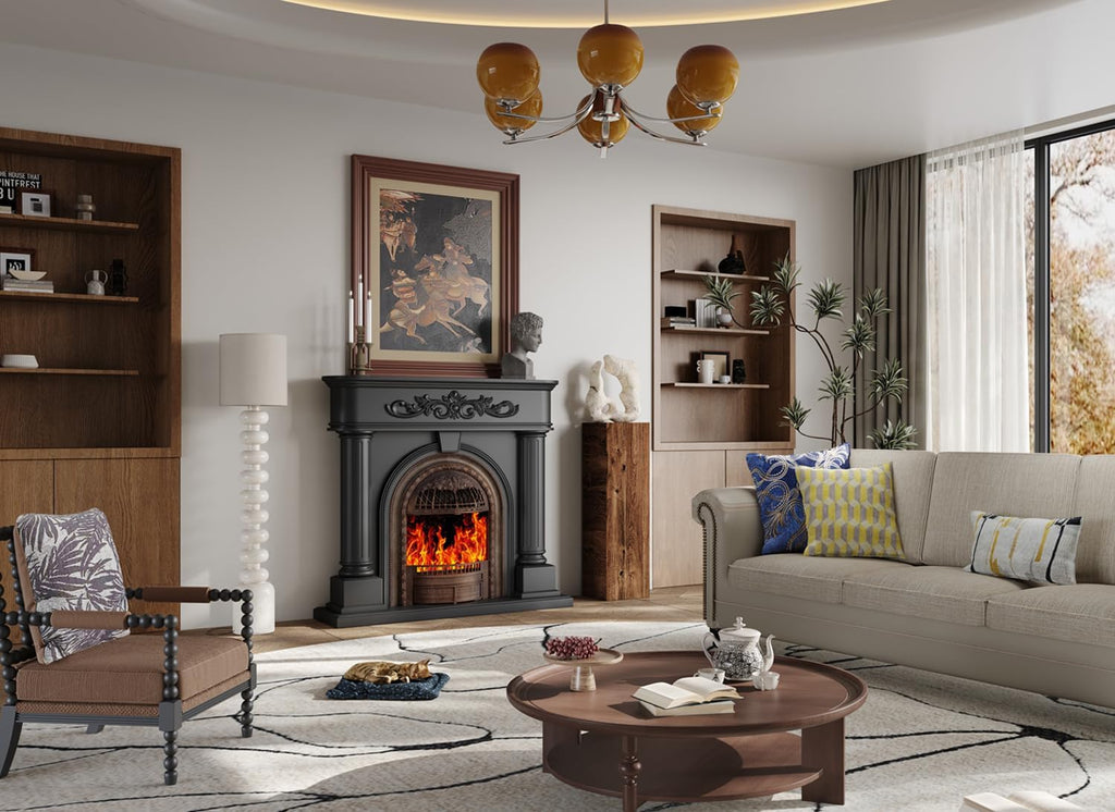 Electric Fireplace with Mantel, Solid Wood 51Inch Black TV Stand with Fireplace for Living Room, Vintage Style