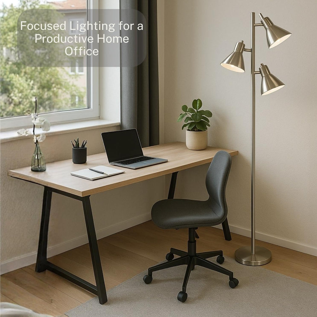 Tree Floor Lamp, Brushed Nickel - Modern Pole Lamp with 3 Adjustable Reading Lights - 64 inch Stand Lamp Room