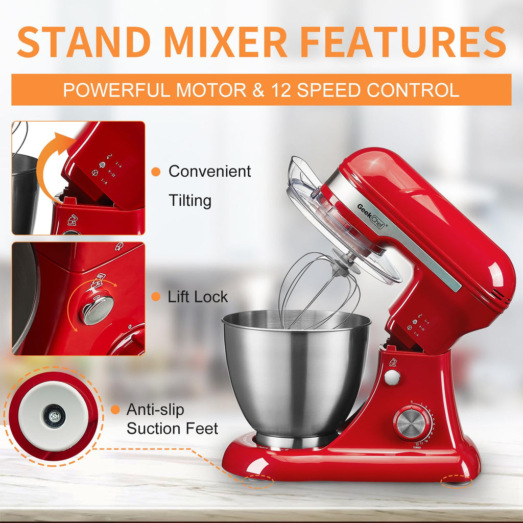 Electric Stand Mixer, 4.8QT 12 Speeds Tilt-head Food Mixer with Dough Hook, Whisk, Beater, Bowl, Rotary Knob Kitchen