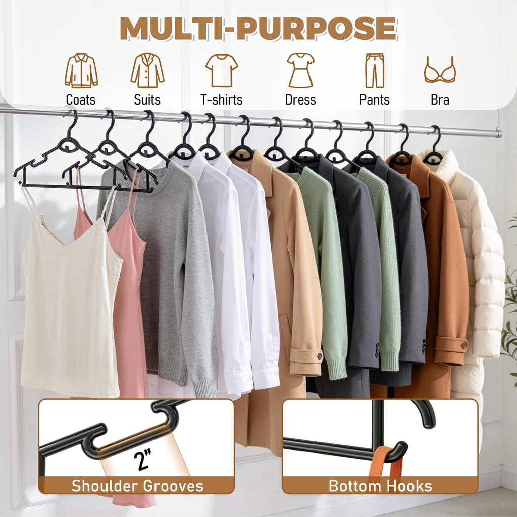 Heavy Duty Plastic Hangers 50 Pack, Stackable Space Saving, Black