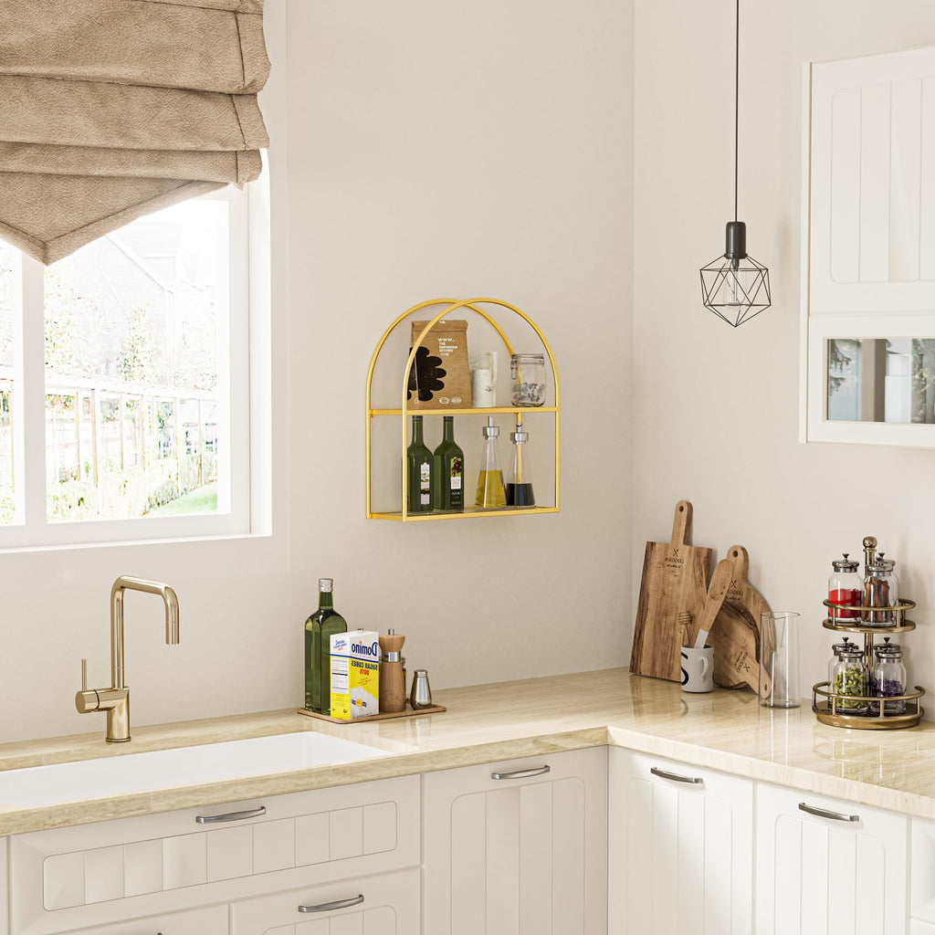 2-Tier Arched Wall Shelf with Gold Frame & Transparent Shelves