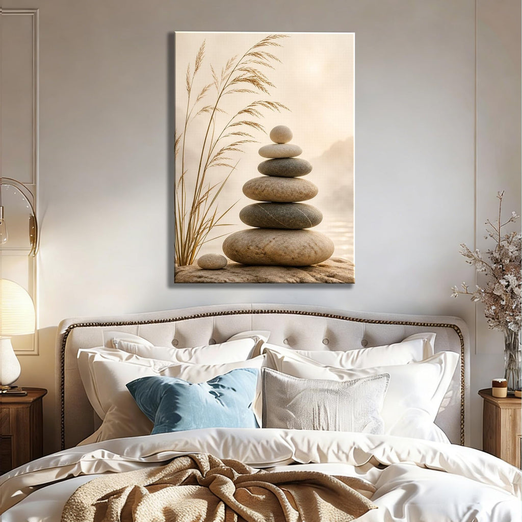 Framed Warm Tone Balancing Rocks Canvas Wall Art, Misty Lakeside Zen Landscape Canvas Prints Pictures, soothing wall