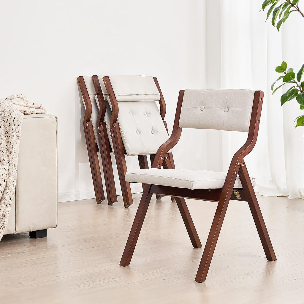 Wooden Folding Chairs with Cushion, Set of 4, Portable Foldable Cushion Chair with Wooden Frame, Modern Padded Dining