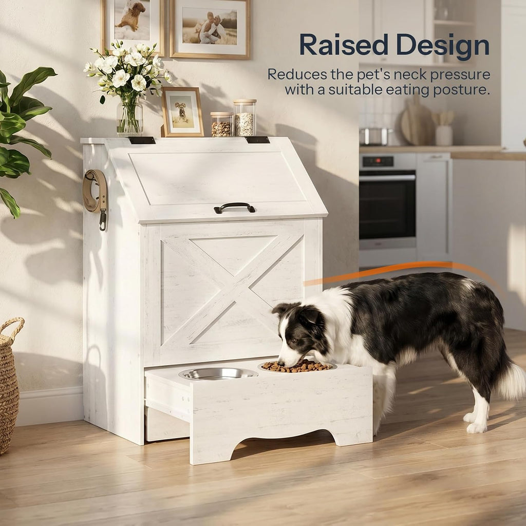 Dog Feeding Station with Sliding Drawer and 2 Hidden Bowls, Pet Feeding Station with Flip-Up Door, Dog Food Storage