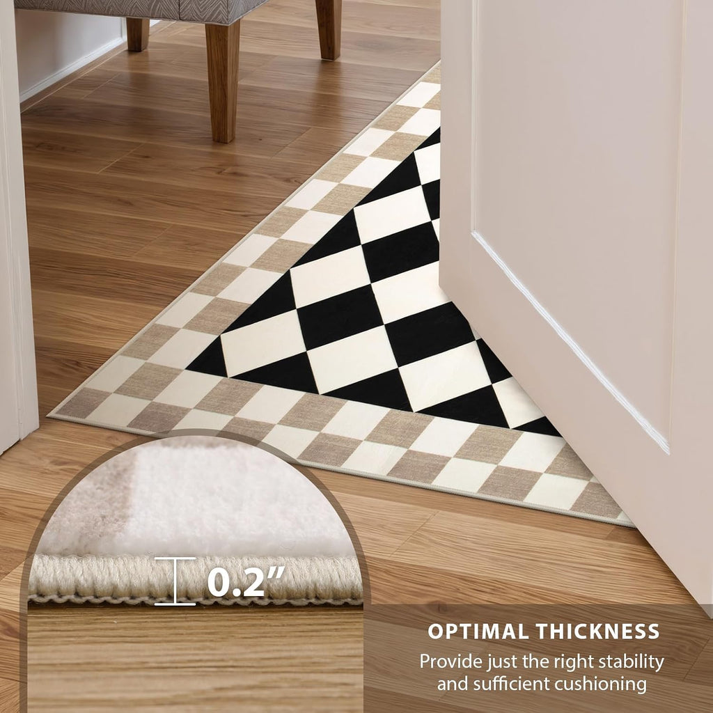 Checkered Rug, Black Washable Bedroom Area Rug Checked Kids Room Rug, Non-Slip Soft Low Pile Stain Resistant