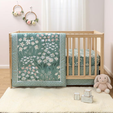 Sage Meadow 3-Piece Baby Girl Crib Bedding Set - Botanical Nursery Quilt Comforter, Sheet & Skirt - Floral Baby Crib