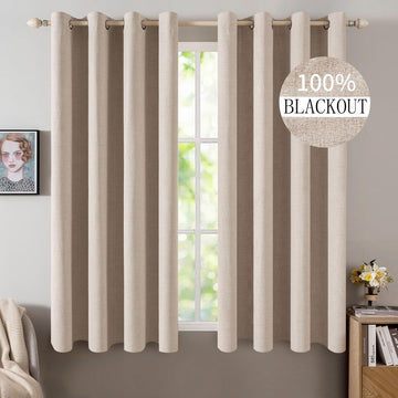 100% Blackout Linen Curtains (Set of 2 Panels) 52x72 Inches Natural Beige