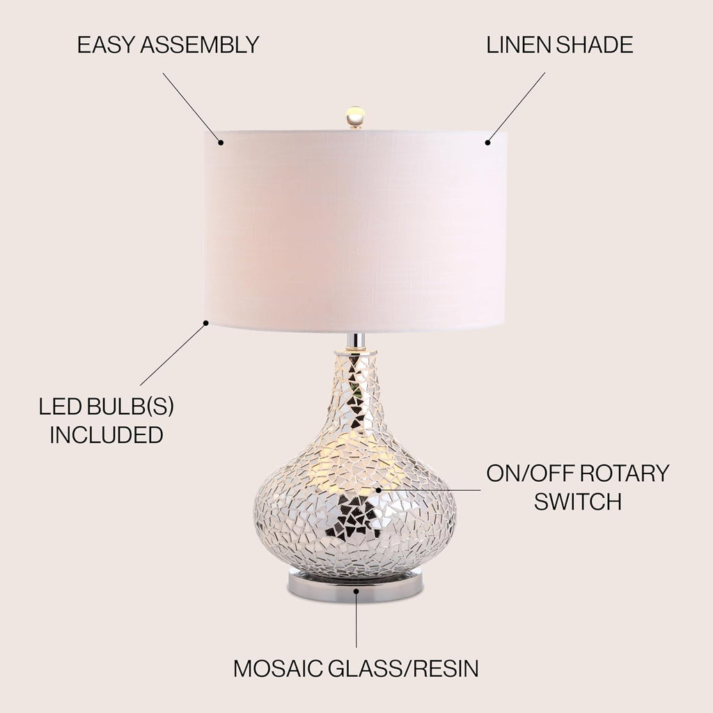 JYL1056A Emilia 26" Mirrored Mosaic LED Table Lamp Contemporary Glam Bedside Desk Nightstand Lamp Living Room Office