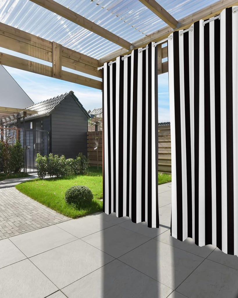 Outdoor Curtains Waterproof Black and White Stripe Indoor/Outdoor Curtain Tiebacks Simple Style Privacy Curtain Sun