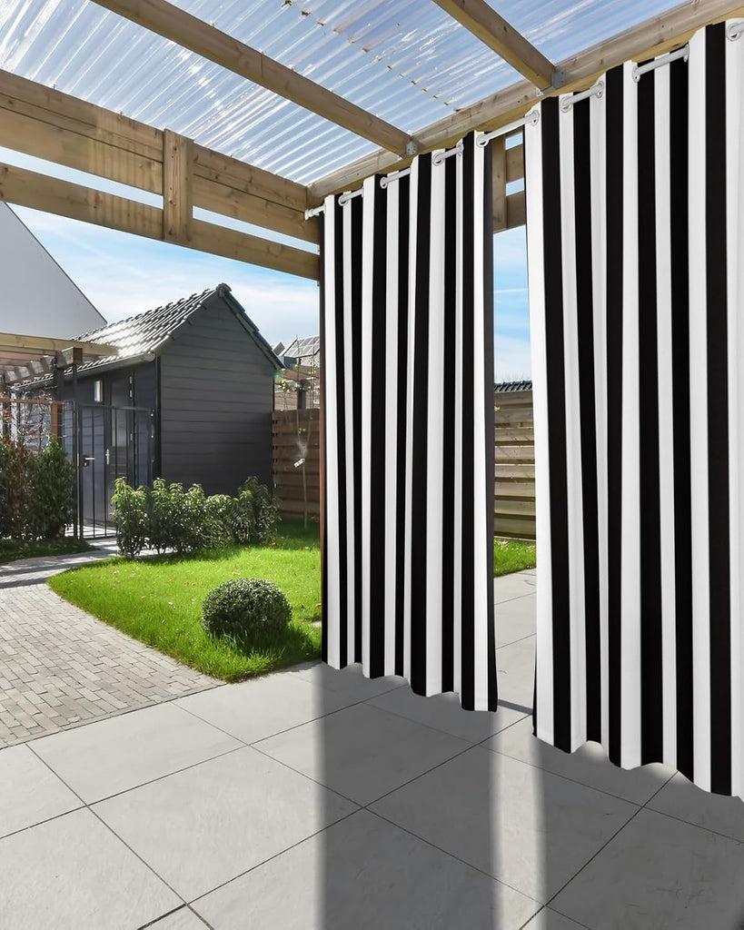 Outdoor Curtains Waterproof Black and White Stripe Indoor/Outdoor Curtain Tiebacks Simple Style Privacy Curtain Sun