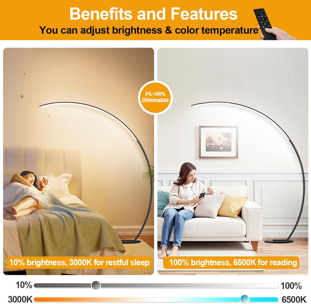 Dimmable LED Lamps with 3 Color Temperatures, Ultra Bright 2000LM Arc Floor Lamps