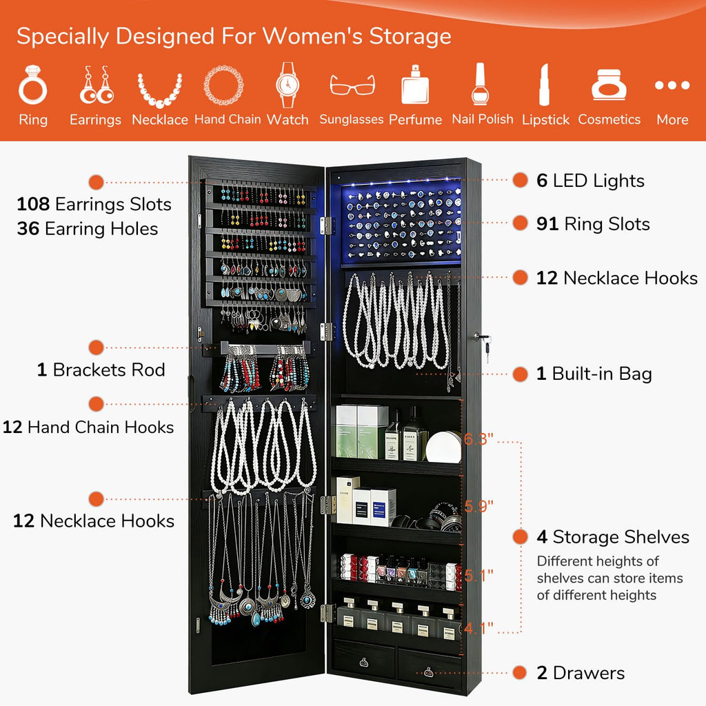 Full Length Mirror Jewelry Cabinet, 6 LEDs Jewelry Armoire Wall Mounted Over The Door Hanging, Jewelry Organizer