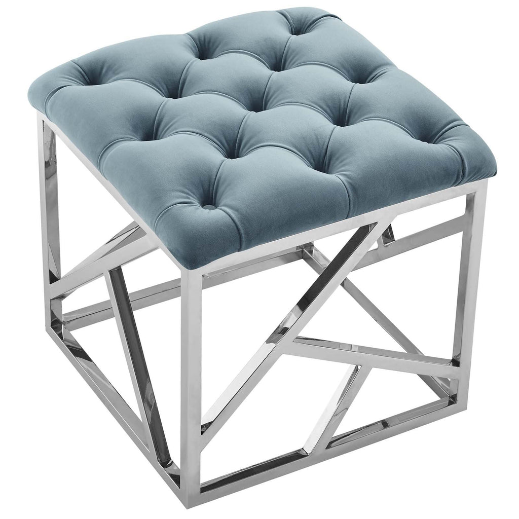 Intersperse Tufted Modern Ottoman with Silver Stainless Steel Geometric Frame in Sea Blue