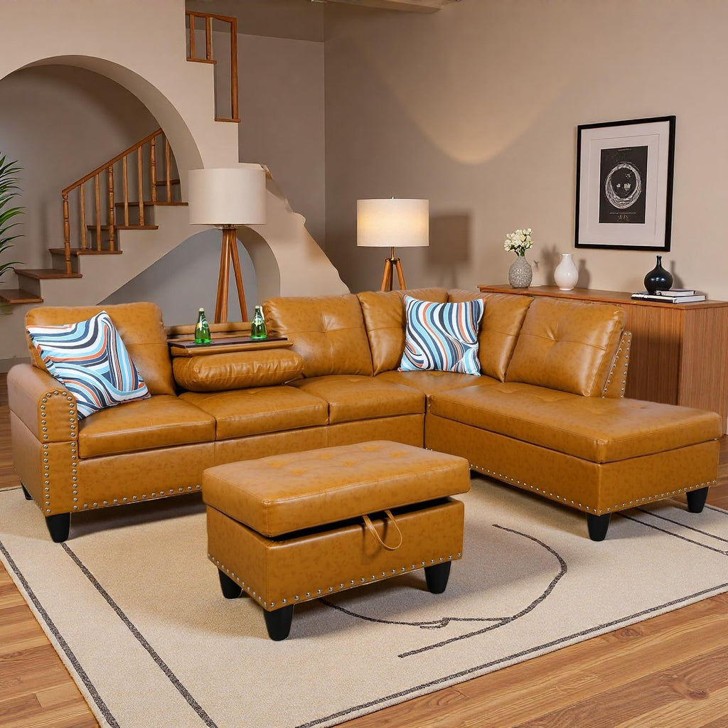 Leather L-Shaped Couch Set, 97.5"L x 69.5"W Sectional Sofas Ginger