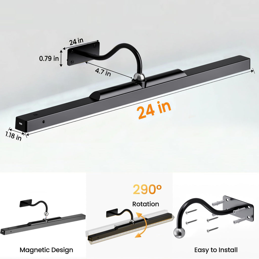 24 Inch Picture Light - Black 6000mAh Battery Operated Wireless Wall Sconce with Remote & Timer for Paintings