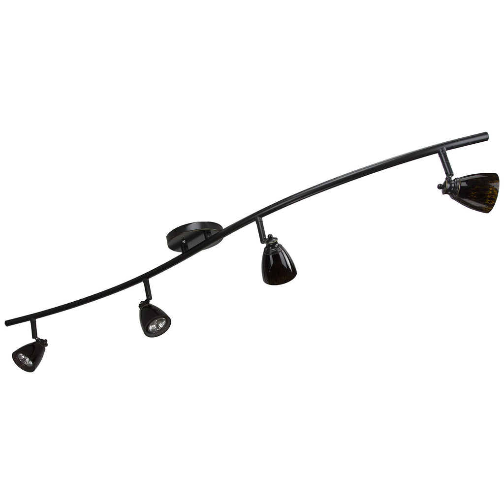 4 Lights Fixed Track Lighting Kit - Dark Bronze Finish - Brown Glass Shade - Wave Bar