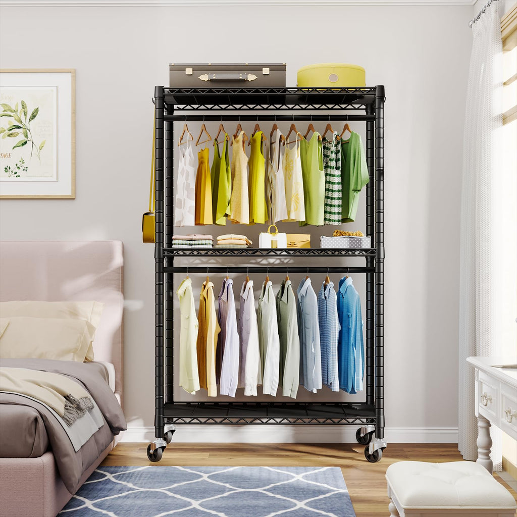 P3 Rolling Clothes Rack, Clothing Racks for Hanging Clothes, Black