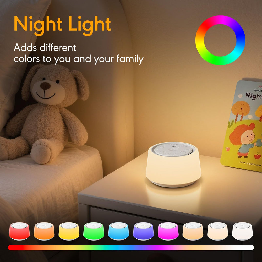 White Noise Machine with Night Light, 30 Portable Sound Machine for Baby and Adults, 10 Color Night Light, 5 Timer