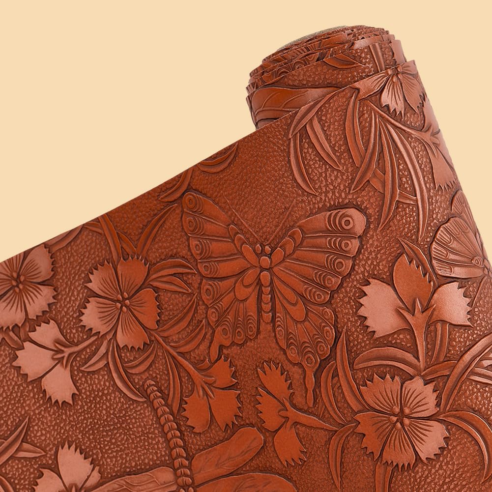 Vintage Floral Pattern Embossed PU Leather Sheet 54×11.9 Inch Textured Solid Color Butterflies Fabric Sheets for DIY