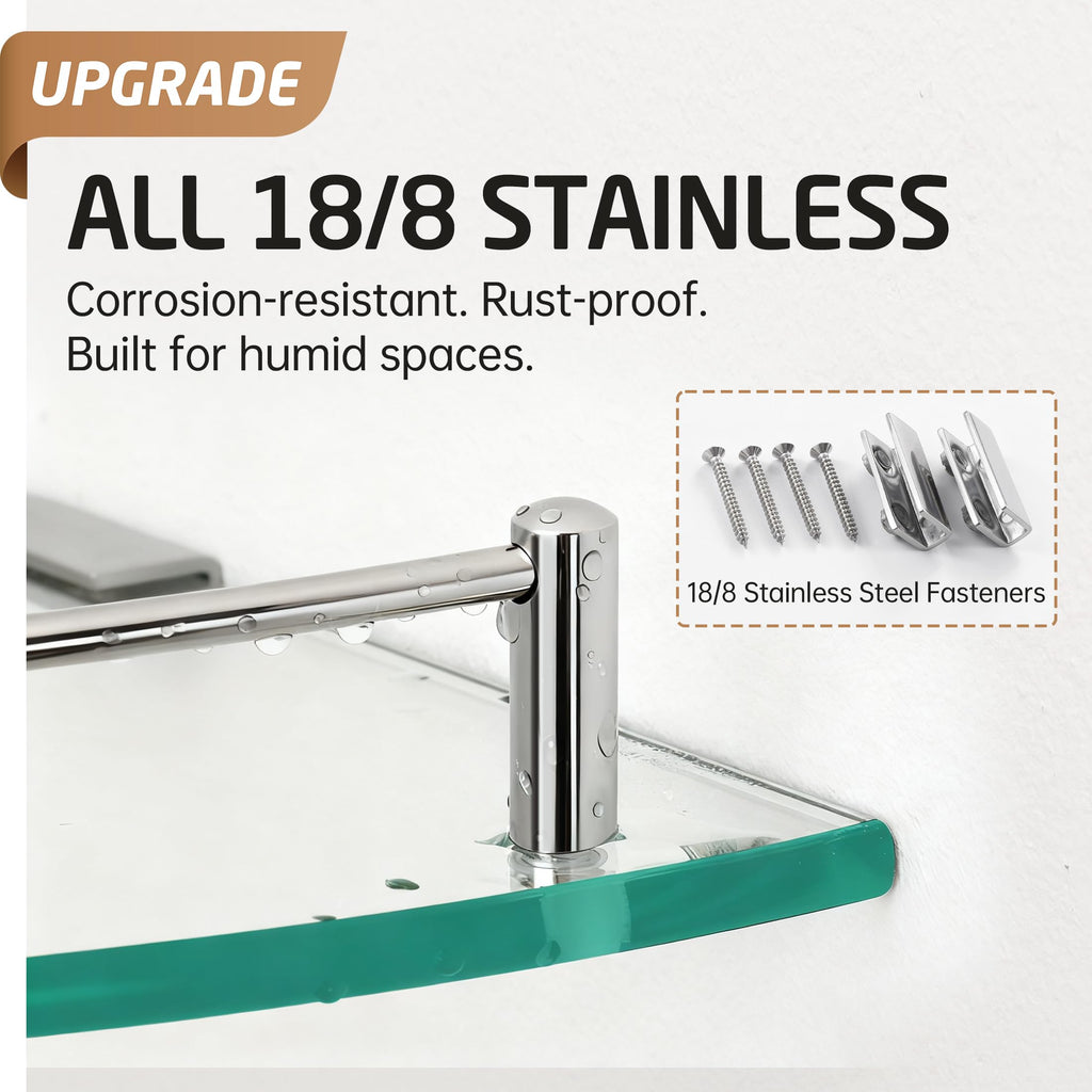 Glass Corner Shelf Bathroom Shelf Tempered Glass with Rail 18/8 Stainless Steel Floating Wall Mount Bracket Polished