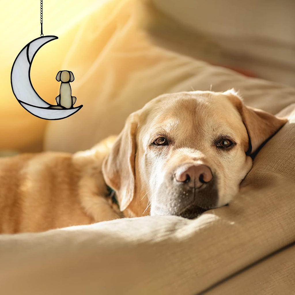 Loss of Dog Sympathy Gift, Stained Glass Dog on Moon for Suncatcher Gifts, Yellow Dog Memorial Gifts for Pet Loss