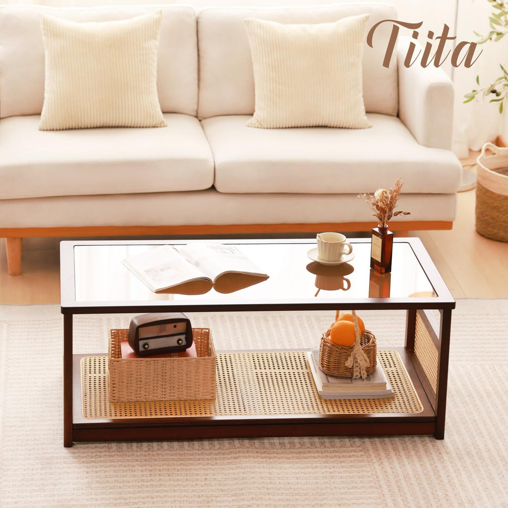 Bamboo Coffee Table, Glass Top, Rattan Storage, 2-Tier Storage, Brown