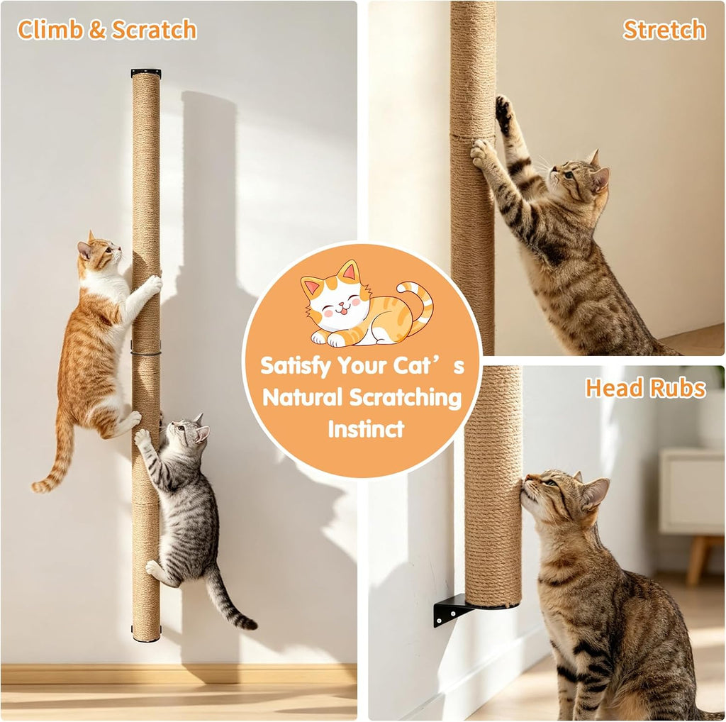 65" Wall Mounted Cat Scratching Post, Adjustable Jute Cat Wall Scratcher