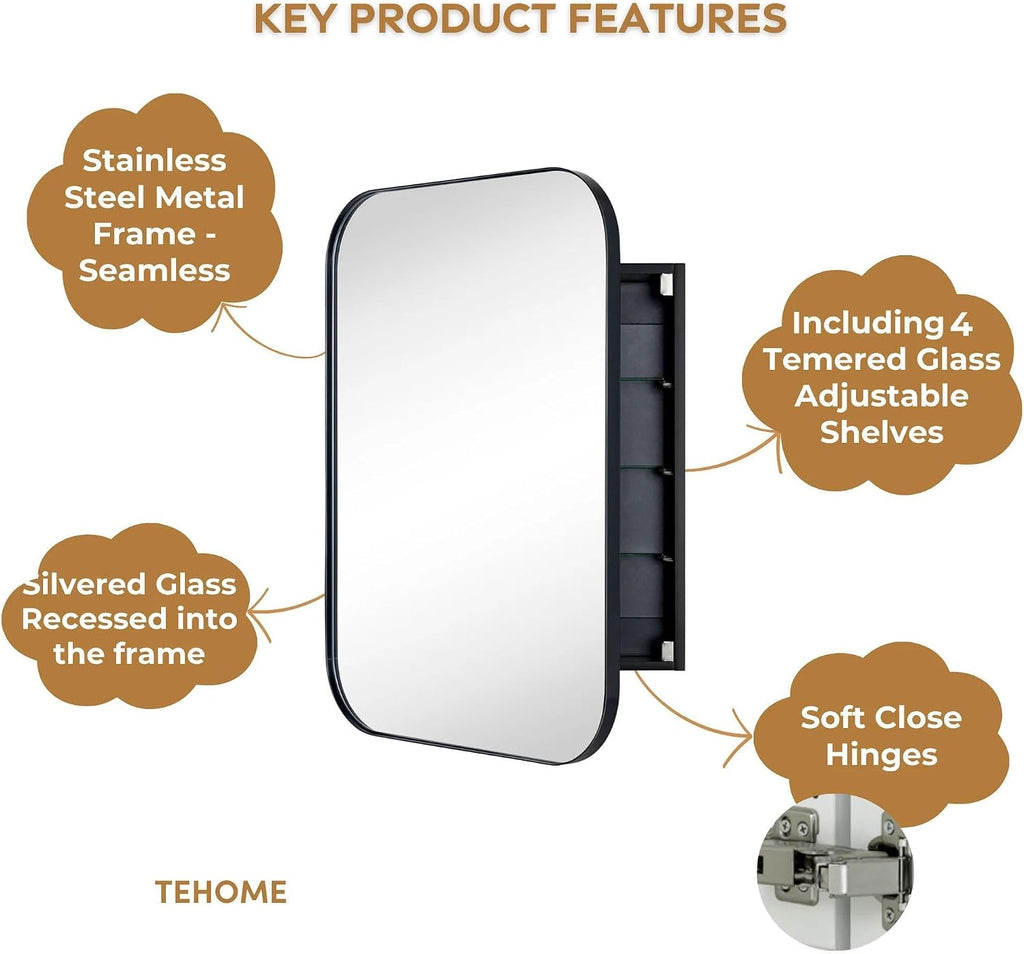 Black Rectangle Bathroom Medicine Cabinet with Mirror Matt Black Recessed and Surface Mount Stainless Steel Metal