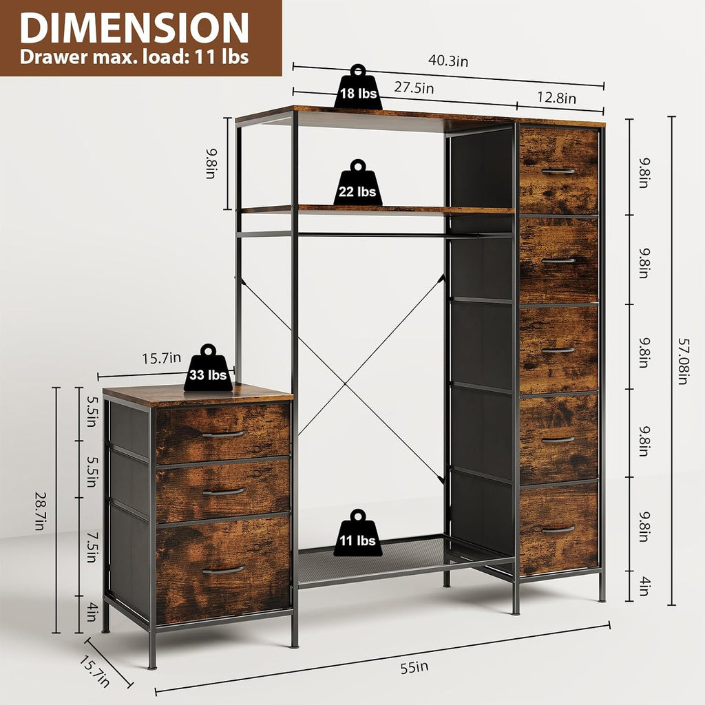 Clothes Rack with 8 Drawers, 4 Shelves & LED, 55" W×57" H Dresser with Hanging Rack, Portable Garment Rack