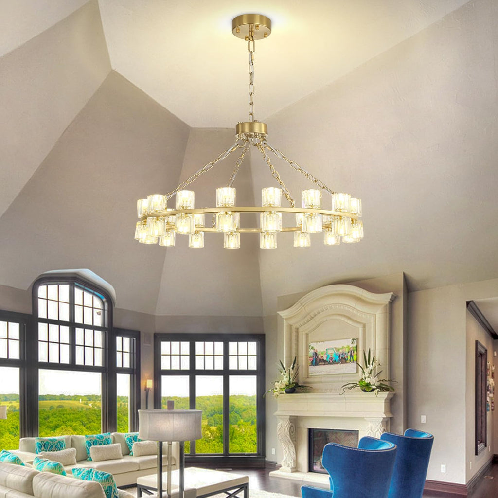 Inspired Arcachon Style Round Wagon Wheel Chandelier, 32" 32-Light Gold, Extended 32" Chain — Foyer, Dining & Living Room