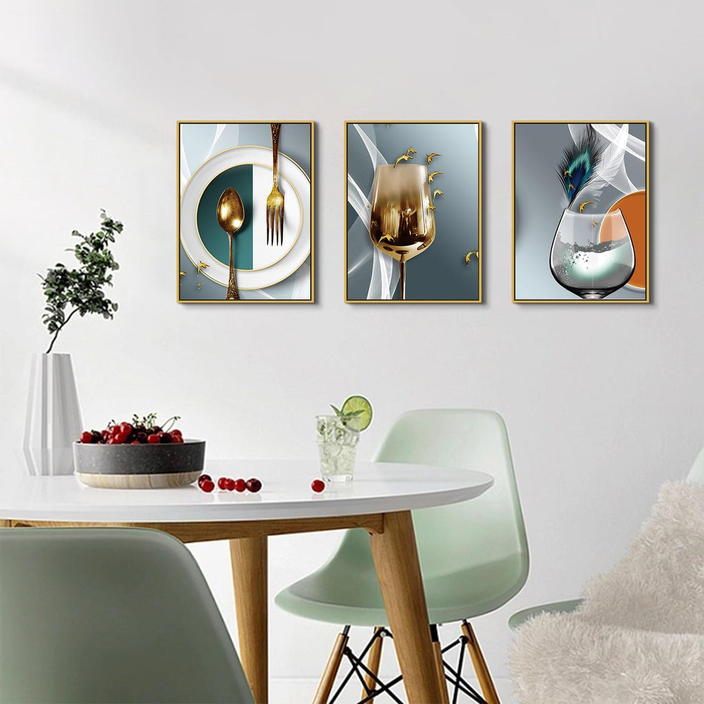 Gold Framed Dining Room Wall Art Wine Glass Pictures Wall Decor Teal Abstract Geometric Kitchenware Canvas Paintings
