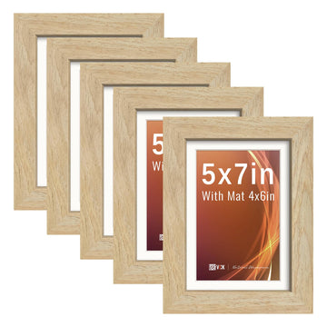 5x7 Picture Frame 5 Pack, Natural Wood, 4x6 Mat, Glass, for Photo Print
